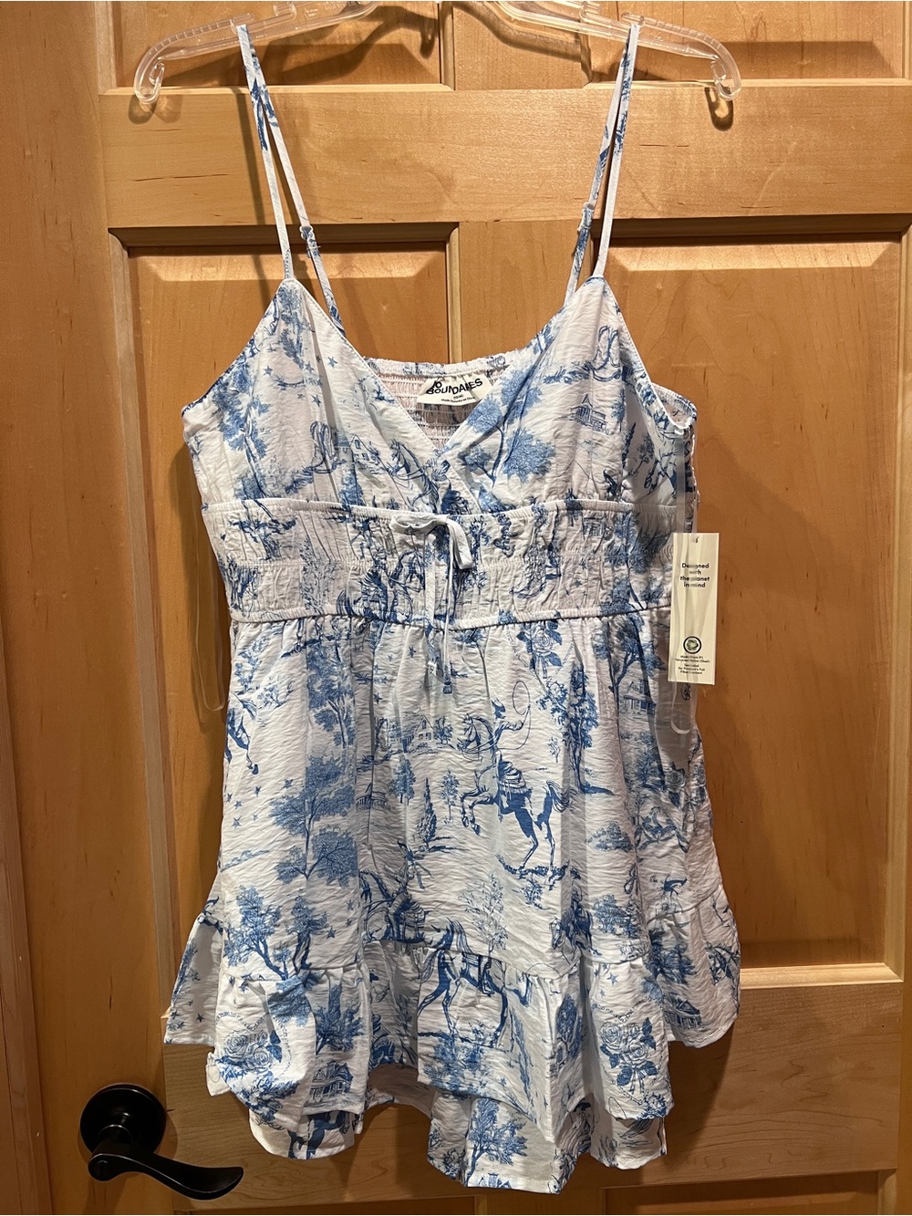 No Boundaries Blue & White Western Print Romper w/Ruffle Skirt Coastal Cowgirl L
